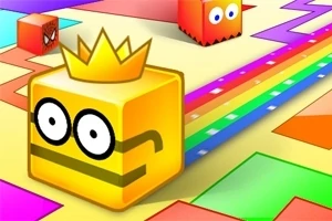 Színes, koronás kocka figura fekete szemüveggel egy színes, geometrikus mintás pályán