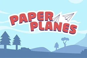 Piros PAPER PLANES felirat két papírrepülővel és hegyvidéki táj háttérrel