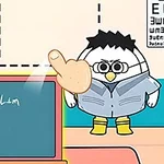 Rajzolt figura egy iskolai táblánál, amelyen matematikai képlet látható, mellette pedig egy kézmutató