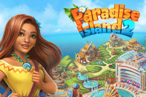 Paradise Island 2 Fiatal nő mosolyog a kamera felé, háttérben színes, trópusi üdülőhely épületekkel és óceánnal