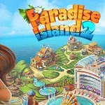 Paradise Island 2 Fiatal nő mosolyog a kamera felé, háttérben színes, trópusi üdülőhely épületekkel és óceánnal