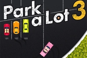 Színes autók parkolnak egy fekete aszfalton fehér parkolási jelölésekkel, a Park a Lot 3 felirattal a háttérben