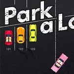 Színes autók parkolnak egy fekete aszfalton fehér parkolási jelölésekkel, a Park a Lot 3 felirattal a háttérben