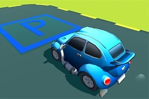 Kék rajzfilmes autó parkol egy kék P jelzésű parkolóhelyen
