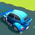 Kék rajzfilmes autó parkol egy kék P jelzésű parkolóhelyen