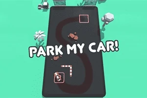 Egy zöld háttér előtt S alakú úttal és autókkal, középen a Park My Car!