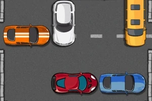 Több színes autó áll különböző irányokban egy parkolóban vagy úttesten