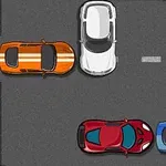 Több színes autó áll különböző irányokban egy parkolóban vagy úttesten
