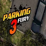 Két autó parkolási helyzetben, egyik sárga kijelölt területen, fák és növények mellett, a Parking Fury 3 felirattal