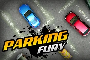 Három autó egy parkolóban madártávlatból, nagy felirattal a képen: PARKING FURY