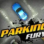 Három autó egy parkolóban madártávlatból, nagy felirattal a képen: PARKING FURY