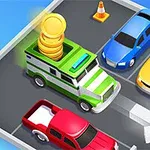Színes autók egy parkolóban láthatók, köztük egy zöld-fehér páncélozott jármű halmozott aranyérmékkel, egy közlekedési bója és egy nagy fehér nyíl az aszfalton