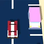 Egy piros-fehér csíkos autó látható egy sötét parkolóban, mellette egy rózsaszín jármű és egy balra kanyarodást tiltó jelzés