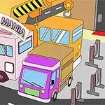 Rajzolt parkolási szituáció különböző színű és formájú járművekkel