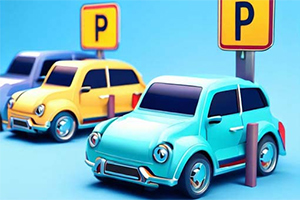 Három színes, karikatúra stílusú autó parkol kék háttér előtt parkoló táblákkal