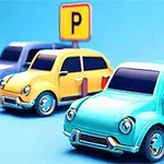 Három színes, karikatúra stílusú autó parkol kék háttér előtt parkoló táblákkal