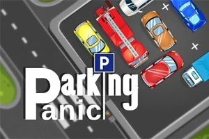 Több színű autók zsúfolt parkolóban, középen Parking Panic felirattal