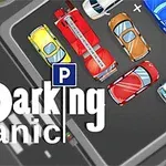 Több színű autók zsúfolt parkolóban, középen Parking Panic felirattal