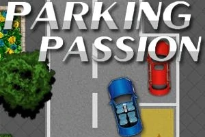 Fentről nézett parkoló, benne egy kék és egy piros autóval, körülötte zöld növényzettel