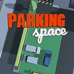 Három autó parkol egy zöld területen, körülvéve épületekkel, a „Parking Space” felirattal