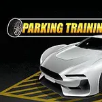 Egy fehér sportautó látható egy sárga-fekete parkolóhelyen, Parking Training felirattal
