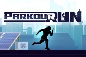 Sötét sziluettként ábrázolt futó egy városi háttér előtt, ahol a Parkour Run felirat látható az égen