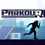 Sötét sziluettként ábrázolt futó egy városi háttér előtt, ahol a Parkour Run felirat látható az égen