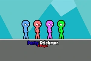 Négy színes stickman figura sorban áll egy szürke platformon, mögöttük kék geometrikus háttér