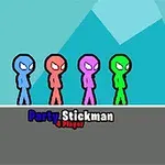 Négy színes stickman figura sorban áll egy szürke platformon, mögöttük kék geometrikus háttér