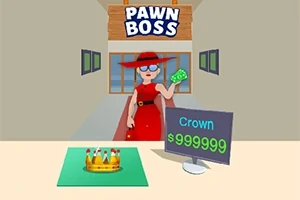 Nő piros ruhában pénzzel a kezében, egy korona van az asztalon, mellette árcédula a Crown $999999 felirattal