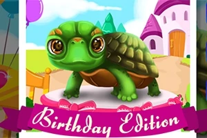 Zöld teknős rózsaszín-fehér tortán áll egy vidám, színes háttér előtt, Birthday Edition felirattal