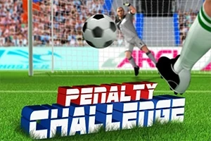 Focilabdát rúgó játékos zöld-fehér sportszárral, kapus védésre készül a háttérben, Penalty Challenge felirat a kép alsó részén