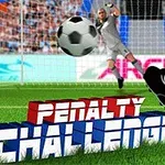 Focilabdát rúgó játékos zöld-fehér sportszárral, kapus védésre készül a háttérben, Penalty Challenge felirat a kép alsó részén