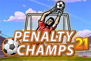 Egy rajzolt kapus piros mezben véd egy futball-labdát a kapu előtt, és alatta PENALTY CHAMPS 21 felirat látható