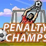 Egy rajzolt kapus piros mezben véd egy futball-labdát a kapu előtt, és alatta PENALTY CHAMPS 21 felirat látható