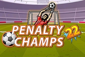 Rajzolt kapus piros mezben próbálja elkapni a labdát a futballkapu előtt, PENALTY CHAMPS 22 felirat a középpontban