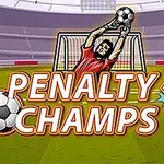 Rajzolt kapus piros mezben próbálja elkapni a labdát a futballkapu előtt, PENALTY CHAMPS 22 felirat a középpontban
