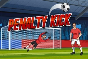 Egy focipályán egy kapus vetődik a labda felé, miközben mellette egy másik játékos áll, háttérben a Penalty Kick felirattal