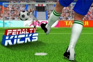Focista látható, ahogy büntetőt rúg a kapu felé, a háttérben közönséggel és a Penalty Kicks felirattal