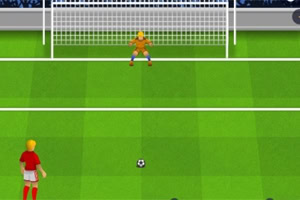 Egy futballjátékos piros mezben áll a kapu előtt zöld füves pályán, készen a tizenegyes rúgásra, miközben a kapus sárga mezben védi a kaput