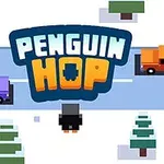Egy pixeles grafikai stílusú kép, havas tájjal, amelyen egy pingvin látható az út közepén, körülötte fák és két színes teherautó