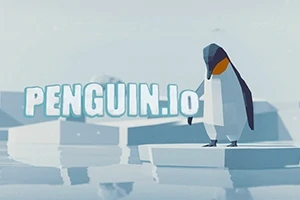 Egy alacsony poligonú pingvin áll egy jégtáblán, világoskék háttérrel, mellette a PENGUIN
