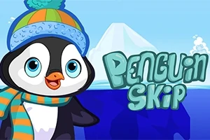 Rajzolt pingvin kék sapkában és sálban, háttérben jéghegy, mellette a „Penguin Skip” felirat