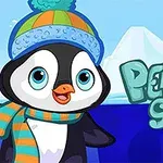 Rajzolt pingvin kék sapkában és sálban, háttérben jéghegy, mellette a „Penguin Skip” felirat