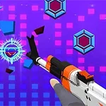 Színes, geometrikus hátterű kép modern kézifegyverrel, amely lila és kék színű célpontokat támad