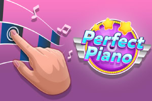 Rózsaszín háttér három csillaggal, szívvel, egy nagy lila Perfect Piano felirattal, és egy kézzel megérintett zongora billentyűvel