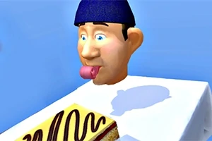 Egy karikatúraszerű emberi fej kék sapkában, kinyújtott nyelvvel egy sütemény felett