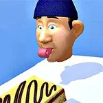 Egy karikatúraszerű emberi fej kék sapkában, kinyújtott nyelvvel egy sütemény felett