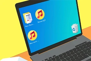 Egy laptop képernyőjén mappa- és zeneikonok láthatók, a háttérben pedig egy kukát ábrázoló ikon található