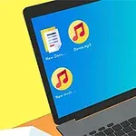 Egy laptop képernyőjén mappa- és zeneikonok láthatók, a háttérben pedig egy kukát ábrázoló ikon található